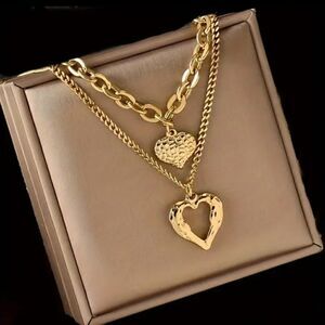 Set of 2 Heart Necklaces in Gold-Plated Stainless Steel With Irregular Folds